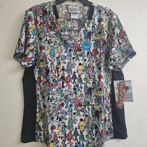 Where's Waldo Colorful Graphic Scrub Top XL NWT